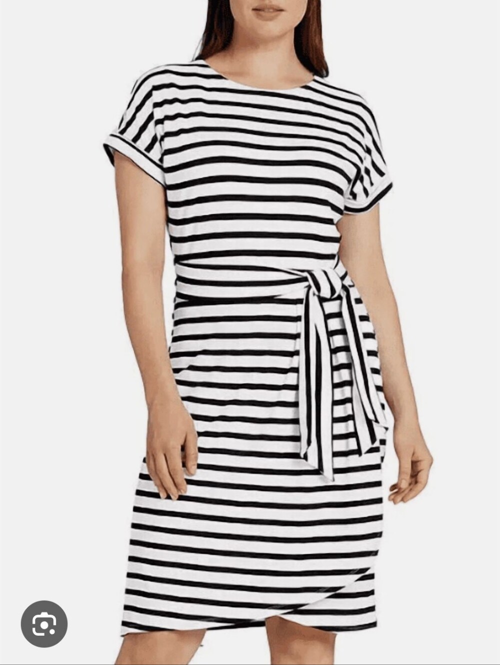 Chaps Black and White Striped Dress with Waist Tie